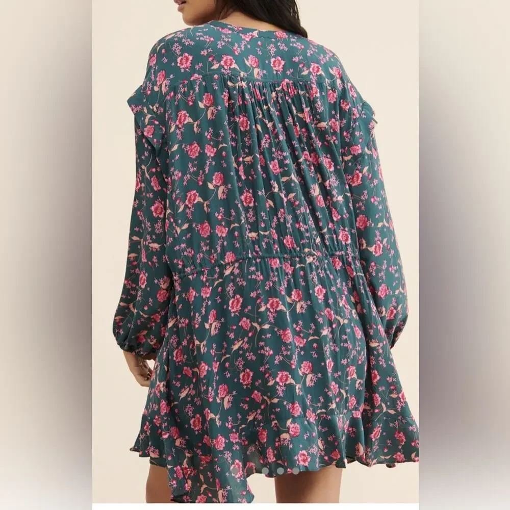 Free People Womens Green Flower Fields Mini Ruffle Shirt Dress S Boho